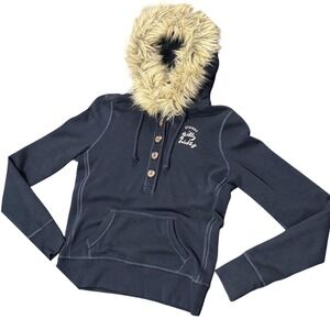 VTG Gilly Hicks Sydney Women's Medium Navy Henley Fur Hoodie Winter Jacket Y2K